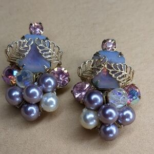 Vintage 60s Kramar Earrings AB Crystal Rhinestone Periwinkle Beaded Cluster